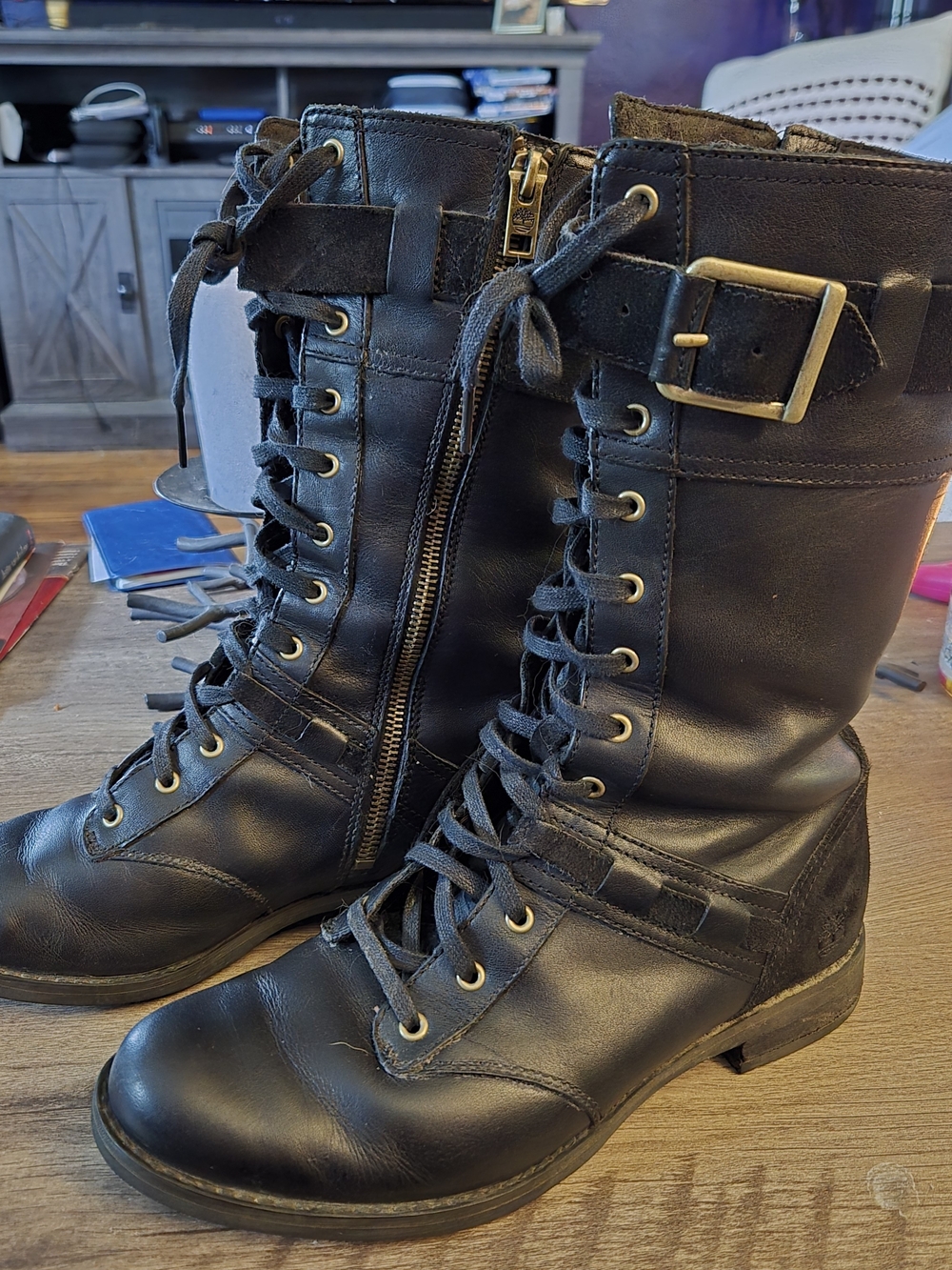 Timberland Black Lace-Up Combat Boots with Side Zipper and Buckle